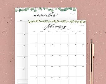 Kalender 2024 Afdrukbare PDF, Groen, Botanisch, Per maand, Verticaal Horizontaal Gelinieerd, Ongevoerd | Letter-formaat, A4, muur, direct downloaden