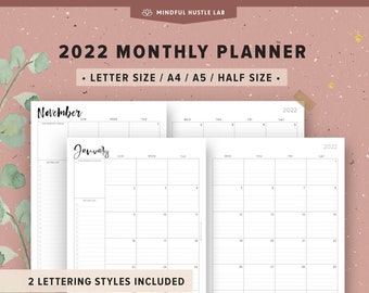 2022 Monthly Planner Printable | Half Size, A5, Letter Size, A4 | 2022 Calendar, Dated Month on 2 Pages, MO2P, Lined, Calligraphy