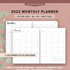 2022 Monthly Planner Printable | Half Size, A5, Letter Size, A4 | 2022 Calendar, Dated Month on 2 Pages, MO2P, Lined, Calligraphy