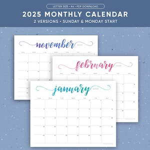 Printable 2025 Calendar Download, 12 month Calendar, Landscape, Watercolor