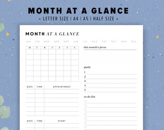 Month at a Glance Printable, Monthly Dashboard, Printable Planner Inserts, A5, A4, US Letter, Half Size, Instant Download, Index Page