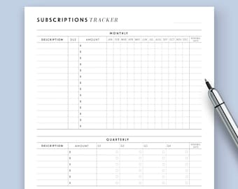Subscriptions Tracker Printable, Annual Bills Tracker, Year Bills Organizer, Finance and Budget Pages, A5, Half Size, Letter Size, A4, PDF