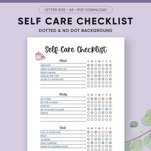 Lista de verificación de cuidado personal imprimible, seguimiento de salud mental, plantillas de Bullet Journal, páginas Bujo prefabricadas, planificador A5, tamaño carta, descarga en PDF
