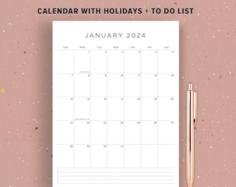 2024 Calendar Printable with To Do List, US holidays, Vertical Layout, Minimalist Template, Black & White, Letter Size, A4, Sunday Monthly