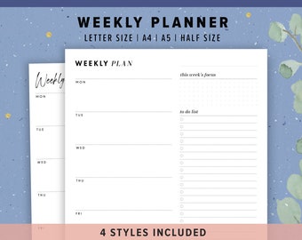 Weekly Planner Printable 4 in 1 | Printable Weekly Task List PDF, A5, Half Size, Letter, A4 | Digital Download, Minimalistt Design Templates