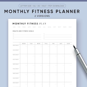 May include: A printable monthly fitness planner with a black and white design. The planner includes sections for health and fitness goals, start weight, goal weight, and daily tracking for each day of the week. The planner is designed for use with a pen or pencil.
