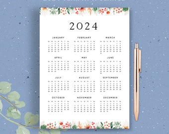 Calendrier annuel 2024, calendrier imprimable sur 1 page, 1 calendrier mural, PDF, format lettre, A4, début du lundi, dimanche, fleurs vives, floral