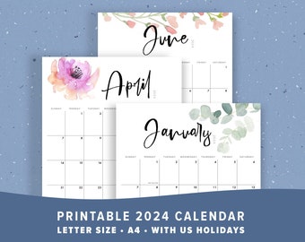 2024 Calendar Printable with US holidays, Desk Calendar Monthly, Flowers Watercolor, Botanical Floral Wall, PDF, Letter Size, A4, By month