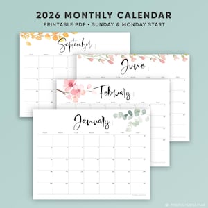 2026 Calendar Printable, Digital Download, Watercolor Flowers, Landscape, PDF, 8.5x11, Letter Size, A4, Monday, Sunday Start
