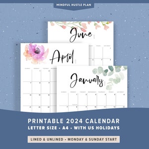 2024 printable calendar, floral calendar printable with holidays, lines, by month