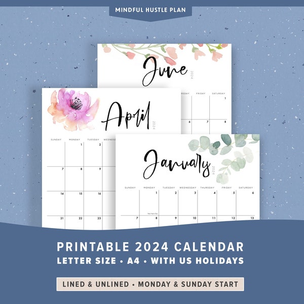 2024 Kalender zum Ausdrucken mit Feiertagen, Tischkalender Monatlich, Blumen Aquarell, Botanische Blumenwand, PDF, A4, nach Monat