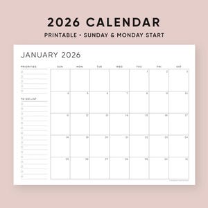 Calendrier 2026 imprimable avec liste de tâches, calendrier de bureau, PDF, format lettre, A4, début du lundi et du dimanche, calendriers mensuels, téléchargeable, objectifs
