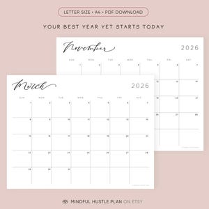 2026 Calendar Printable, Monthly Planner, Landscape Modern Calligraphy, Monthly Calendar Sunday Start, Monday, PDF