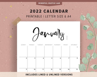 2022 Calendar Printable | Digital Calendar Template | Instant Download | Calligraphy, Black & White, Letter Size, A4, Sunday Monthly