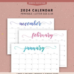 2024 Calendar Printable PDF, Watercolor Lettering Horizontal layout, Monday Start, Sunday, A4, Letter Size, Instant Download, for kids
