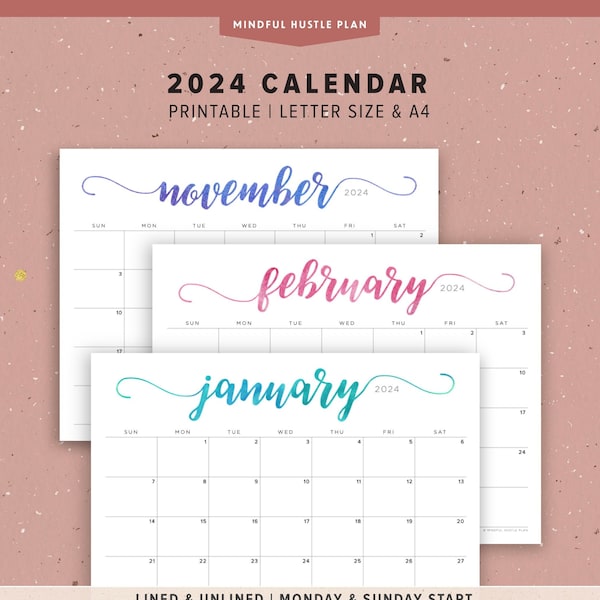 2024 Calendar Printable PDF, Watercolor Lettering Horizontal layout, Monday Start, Sunday, A4, Letter Size, Instant Download, for kids