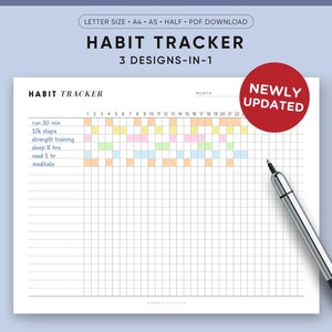 Habit Tracker Printable, Monthly habits, 30 Day Habit Challenge, Goal Planner Setting, Filofax A5, Half Size, Letter A4, Instant Download