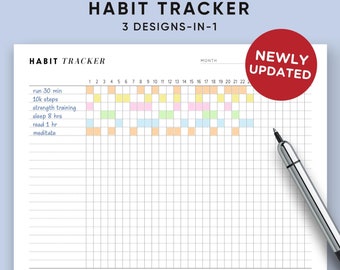 Habit Tracker Printable, Monthly habits, 30 Day Habit Challenge, Goal Planner Setting, Filofax A5, Half Size, Letter A4, Instant Download