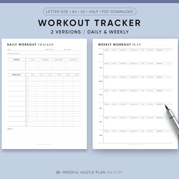 Workout Tracker Printable, Daily Exercise Planner, Weekly Workout Tracker, Gym Training Log, Fitness Planner, A5, A4, US Letter Size
