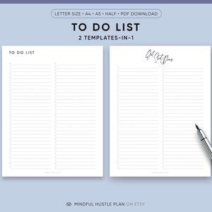 Könnte beinhalten: Zwei druckbare To-Do-Listenvorlagen. Die erste Vorlage ist mit "To Do List" betitelt und die zweite Vorlage ist mit "Get Stuff Done" betitelt. Beide Vorlagen haben ein schlichtes Design mit Zeilen zum Schreiben.