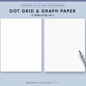 Può includere: Due pagine di carta stampabili, una con una griglia di punti e l'altra con una griglia di grafici. Entrambe le pagine sono bianche e hanno uno sfondo blu chiaro. Il testo "DOT GRID & GRAPH PAPER" è in alto nell'immagine. Il testo "2 TEMPLATES-IN-1" è sotto il titolo. Il testo "MINDFUL HUSTLE PLAN ON ETSY" è in basso nell'immagine.