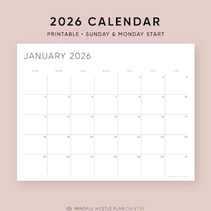 印刷可能な2026年カレンダー、ミニマリストPDF、レターサイズ、A4、横長レイアウト、日曜月曜始まり