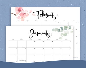 Printable 2024 Calendar with US holidays, Floral Watercolor, Greenery, PDF, Letter Size, A4, Monday Sunday Start, Horizontal, PDF