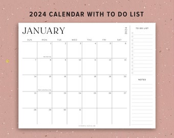 2024 Printable Calendar with To Do List and Notes section, US holidays, Desk Calendar, Letter Size, A4, Monday & Sunday Start, by month