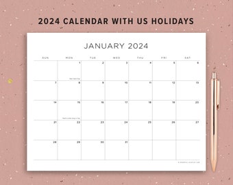 2024 Calendar Printable with Holidays, Minimalist, Letter Size, A4, Instant Download, Horizontal layout, large box, PDF template, By Month