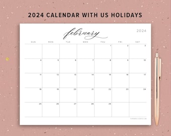Printable 2024 Calendar with Holidays PDF, Calligraphy, Minimalist, Letter Size, Landscape, With Lines, Sunday Monday Lettering, By Month
