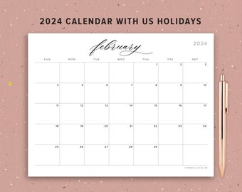 Printable 2024 Calendar with Holidays PDF, Calligraphy, Minimalist, Letter Size, Landscape, With Lines, Sunday Monday Lettering, By Month