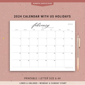 Printable 2024 Calendar with Holidays PDF, Calligraphy, Minimalist, Letter Size, Landscape, With Lines, Sunday Monday Lettering, By Month