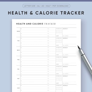 Health and Calorie Tracker, Fitness Planner, A5, A4, Letter Size, Weight Loss, Food Diary, Weight Loss Log, Weekly Diet Journal, PRINTABLE