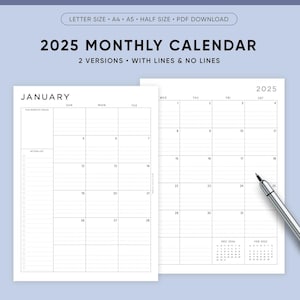Planificador mensual 2025 imprimible, descargable, A5, tamaño carta, A4, mes con fecha en 2 páginas, calendario 2025, MO2P, rayado, minimalista, PDF