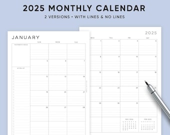 Planificador mensual 2025 imprimible, descargable, A5, tamaño carta, A4, mes con fecha en 2 páginas, calendario 2025, MO2P, rayado, minimalista, PDF