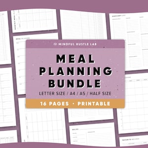 Planificador de comidas imprimible, planificador de comidas semanal, lista de compras, plantilla de recetas, tamaño medio, A5, tamaño carta A4, insertos para planificación de menú, PDF