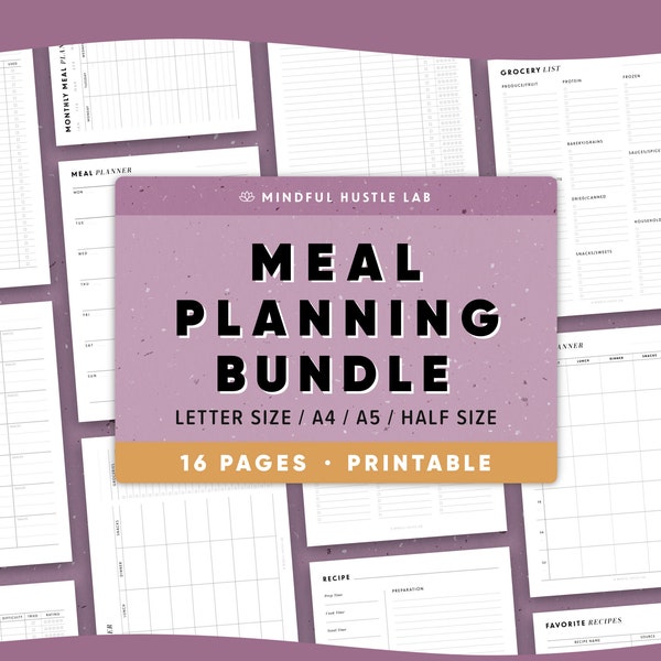 Meal Planner Printable Bundle, Weekly Meal Planner, Grocery list, Recipe Template, Half Size, A5, A4 Letter, Menu Planning Inserts, PDF