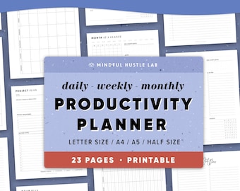 Productivity Planner Printable, Daily Weekly Monthly Planner BUNDLE, Work From Home Pages, Inserts | template | A5, Half Size, Letter, A4