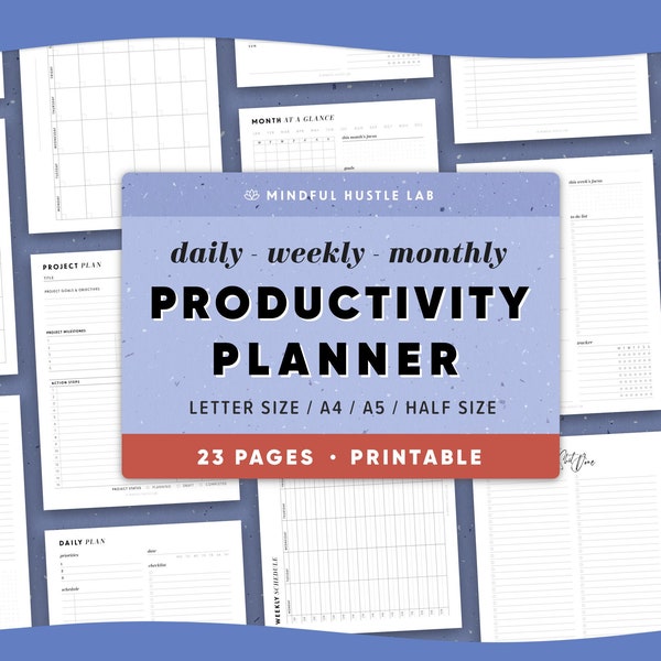 Productivity Planner Printable, Daily Weekly Monthly Planner BUNDLE, Work From Home Pages, Inserts | template | A5, Half Size, Letter, A4