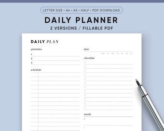 Daily Planner Printable, Editable Daily Plan, Undated Planner Inserts PDF, A5, Half Size, Letter Size, A4, Instant Digital Download