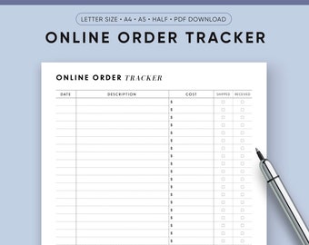 Seguimiento de compras en línea imprimible, Seguimiento de pedidos, Registro de compras en línea, Encartes de tamaño medio, Filofax A5, A4, Tamaño carta, Seguimiento de paquetes,