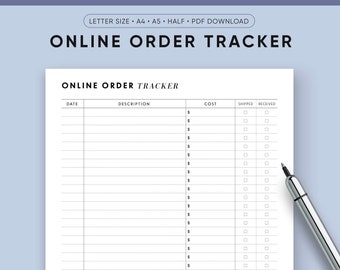 Online Shopping Tracker Printable, Order Tracker, Online Purchases Log, Half Size Inserts, Filofax A5, A4, Letter Size, Packages Tracker,