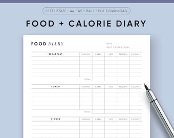 Food Diary and Calorie Tracker, Food Journal Printable, Health and Fitness Planner, Mindful Eating, A5, A4, Half, Letter Size, Weight Loss