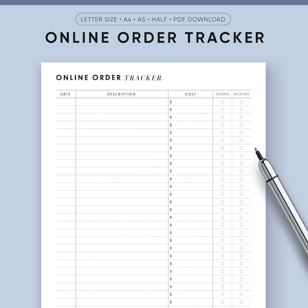 Online-Einkaufstracker, Bestelltracker, Online-Kauf-Tracker, Beilagen für halbe Größe, Filofax A5, A4, Letter-Größe, Pakete-Tracker,