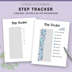 May include: Two printable step tracker designs. The first design is a blank grid with a checkbox for each day of the month. The second design has a colored grid with a range of steps for each color. The text "Step Tracker" is at the top of each design.