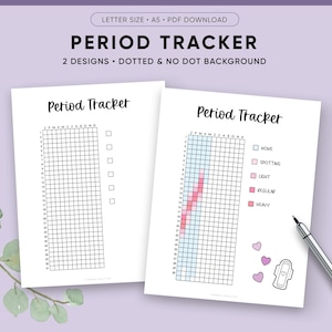 May include: Two white period tracker sheets with the text "Period Tracker". One sheet has a grid for tracking, the other has a grid with colored sections and icons. A pen and decorative hearts are also visible.