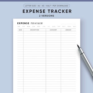 Puede incluir: Un rastreador de gastos imprimible con columnas para la fecha, la descripción, la categoría y el importe. El rastreador incluye una fila de total en la parte inferior.