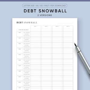 May include: A printable debt snowball tracker with columns for date, minimum payment, snowball amount, and new balance. The tracker has four columns for different debts.