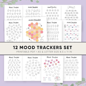 K&ouml;nnte beinhalten: Set mit 12 druckbaren Stimmungs-Trackern in Schwarzwei&szlig; mit verschiedenen Designs, darunter Schmetterlinge, Eiswaffeln, Herzen und Katzen. Die Tracker sind 8,5 x 11 Zoll gro&szlig; und in den Formaten A5 und Letter erh&auml;ltlich.