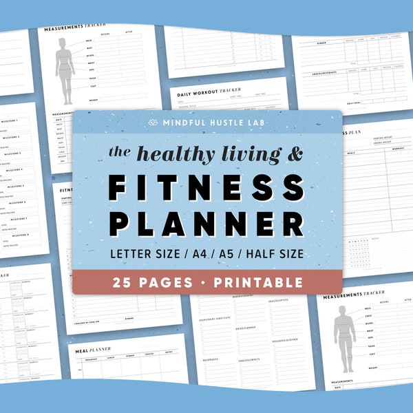 Fitness Planner Printable Bundle, Weight Loss Tracker Printable, Health Journal, Workout Log, PDF, Letter Size, A5, Half Size, A4